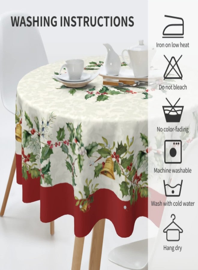 Sweetshow Merry Christmas Round Tablecloths 60 Inch Holiday Tablecloth Decor Winter Gold Green Table Cloth Polyester Fabric Season Outside Table Cover for Kitchen Outdoor Indoor Party - Image 4